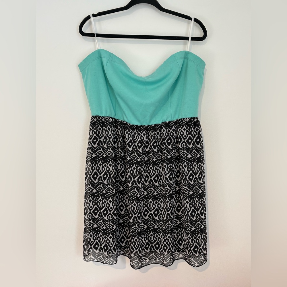 Deb Women’s Strapless Mini Dress Aqua Blue Geometric Print Y2K Party Size XL